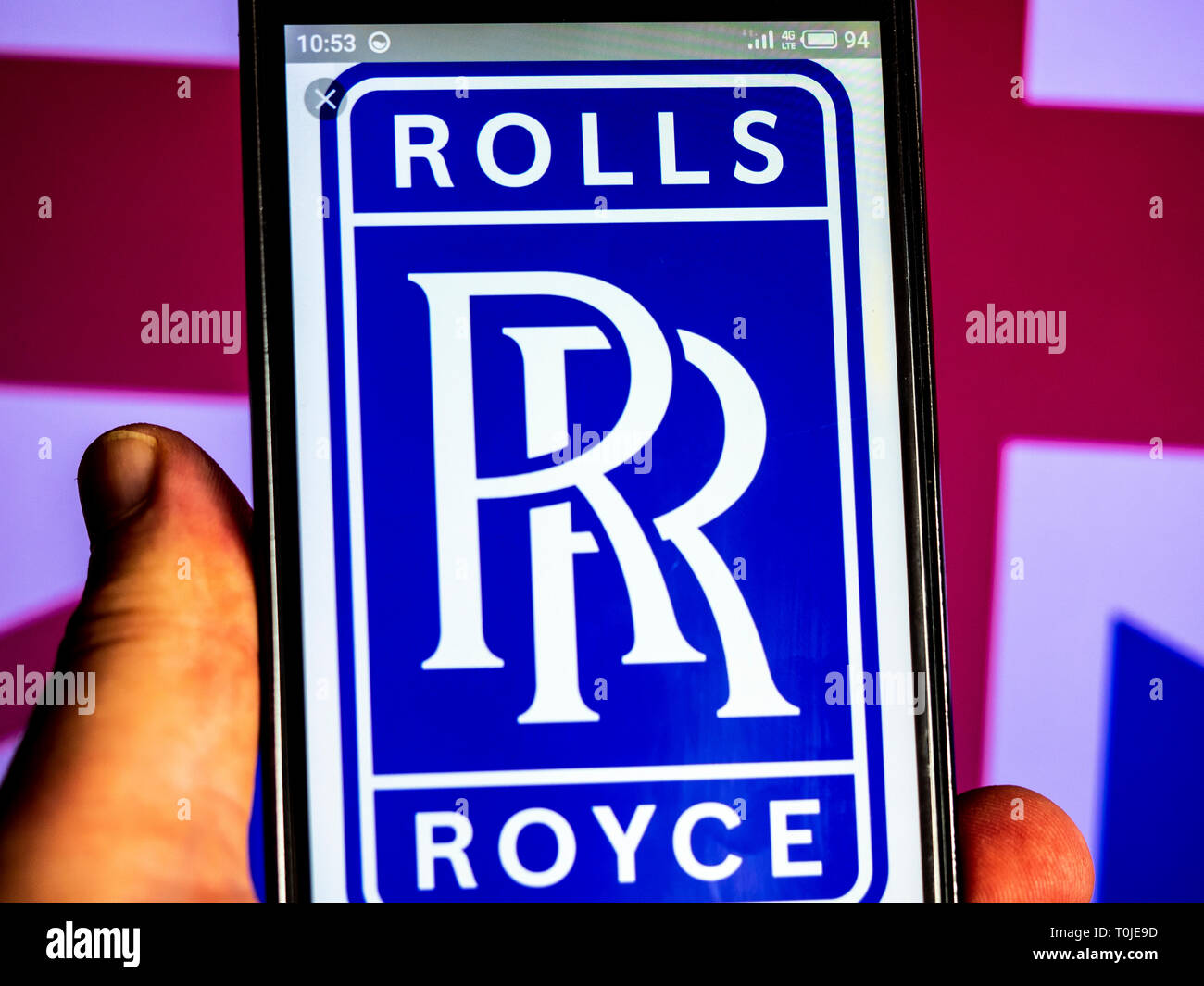 Rolls-Royce Group  plc company logo seen displayed on smart phone. Stock Photo