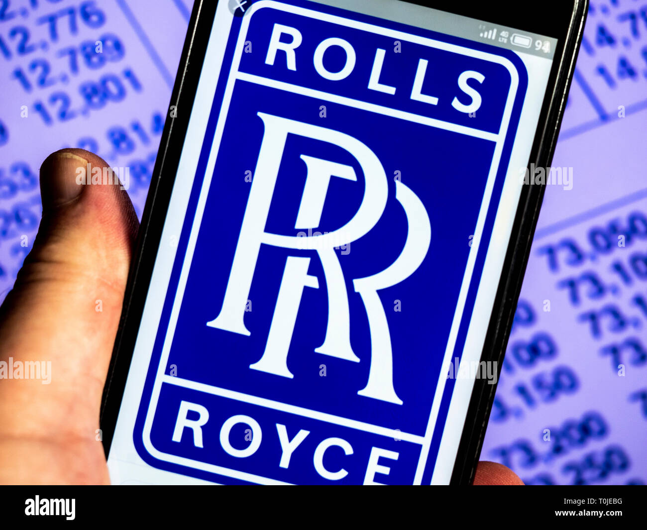 Rolls-Royce Group  plc company logo seen displayed on smart phone. Stock Photo