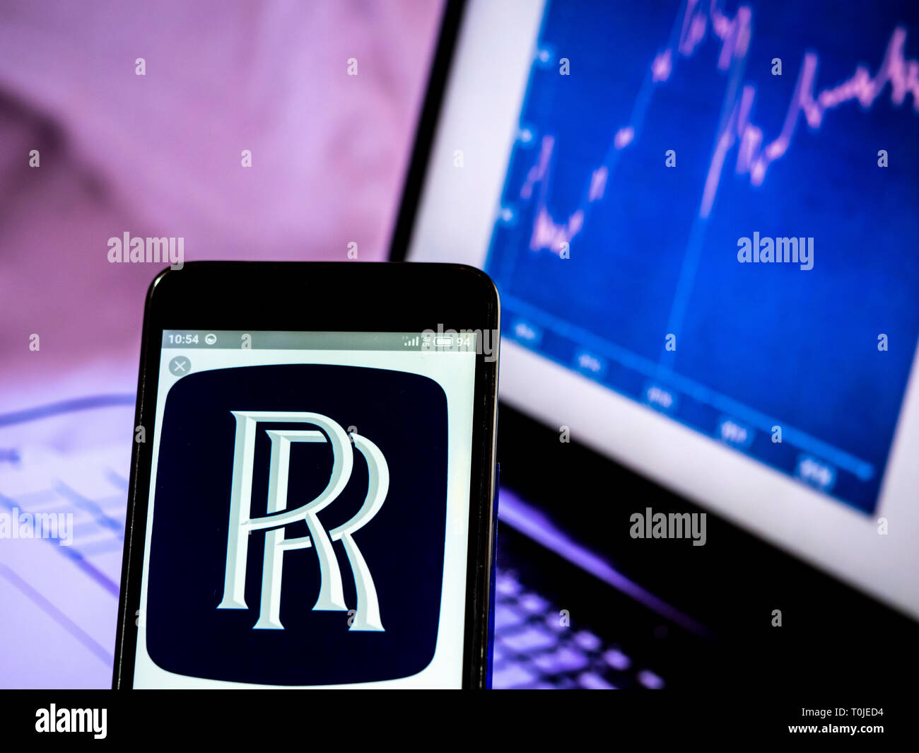 Rolls-Royce Group  plc company logo seen displayed on smart phone. Stock Photo