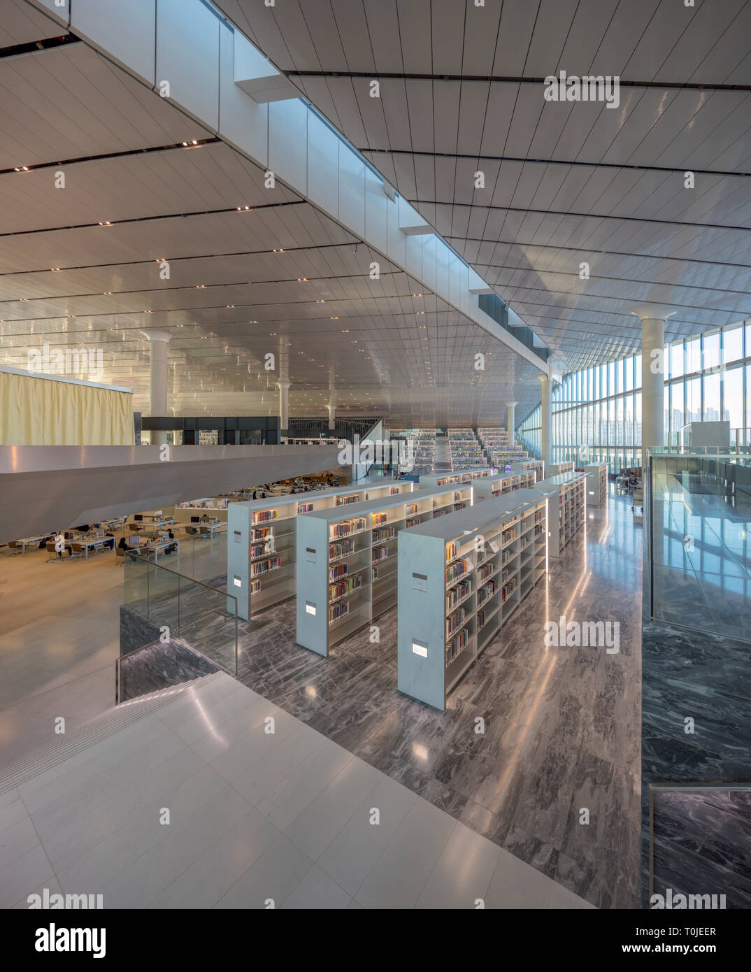 book stacks, Qatar National Library building , Education City, Qatar, by Rem Koolhaas, 2017 Stock Photo