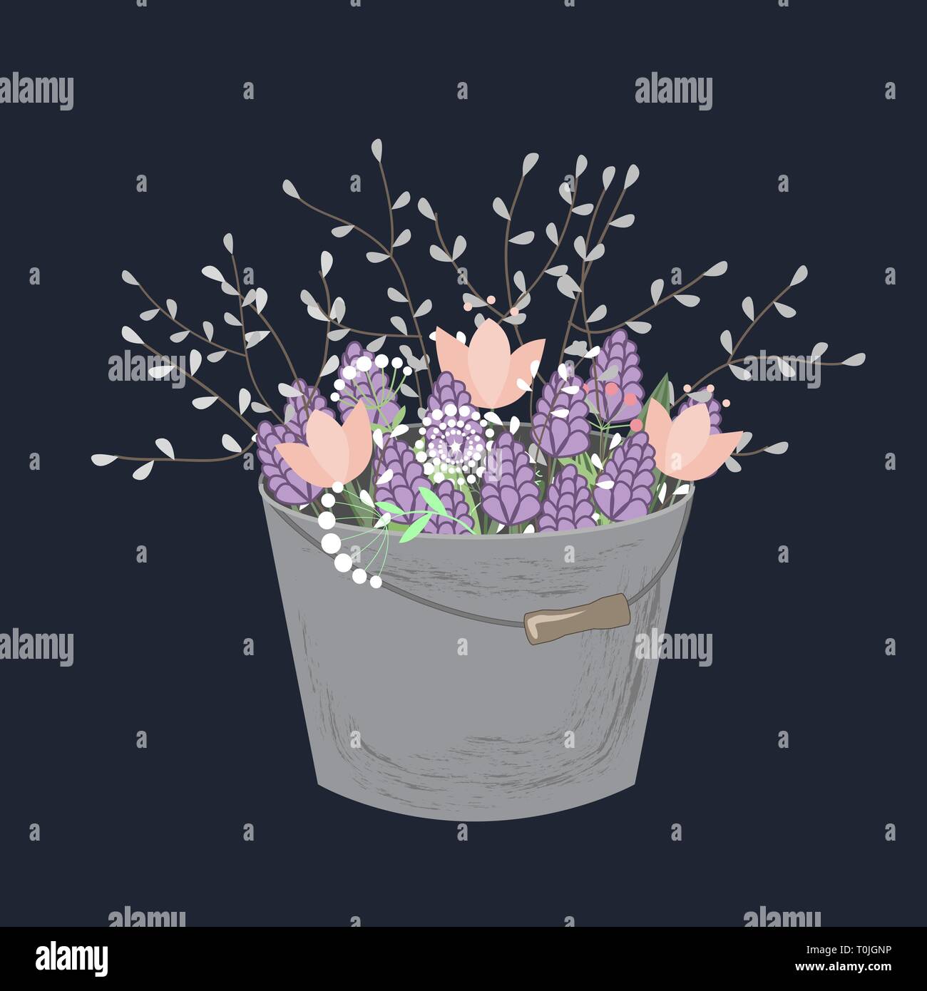 Bouquet of spring doodle flowers in grey bucket isolated on white background. Vector Spring floral composition with hyacinths, tulips, and willow. Stock Vector