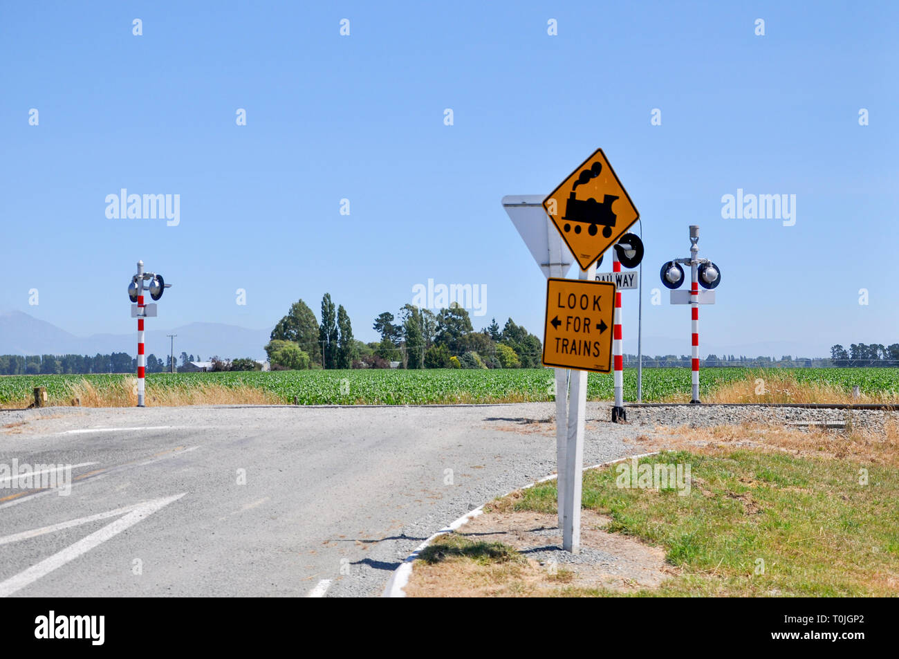 Railway crossing in the Canterbury region of New Zealand. Country crossing without gates or barrier. Look for trains sign. Steam engine graphic Stock Photo