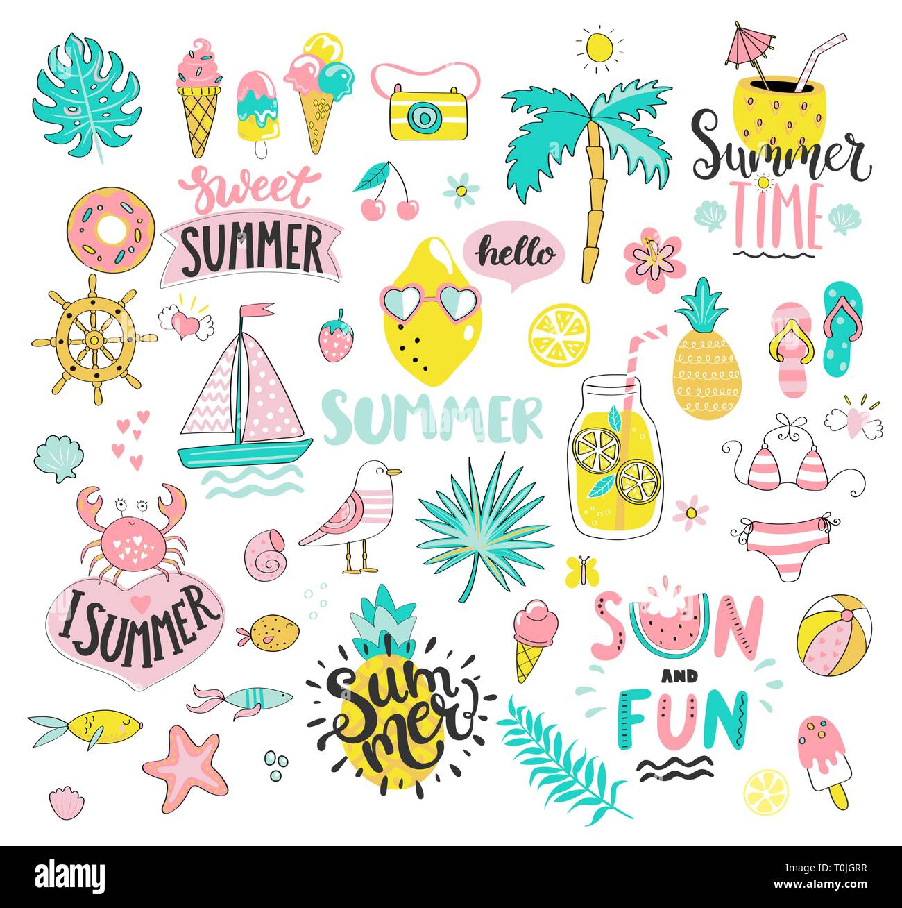 Big Summer set of sun and fun hand drawn elements. Stock Vector