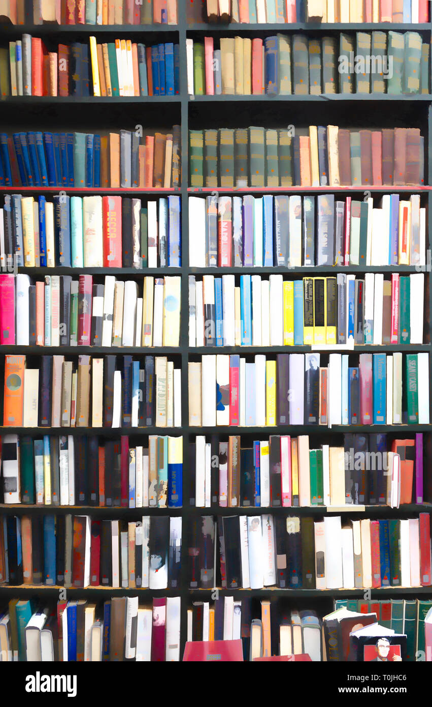 Digital illustration of rows of books on shelves in a library, their titles obscured Stock Photo