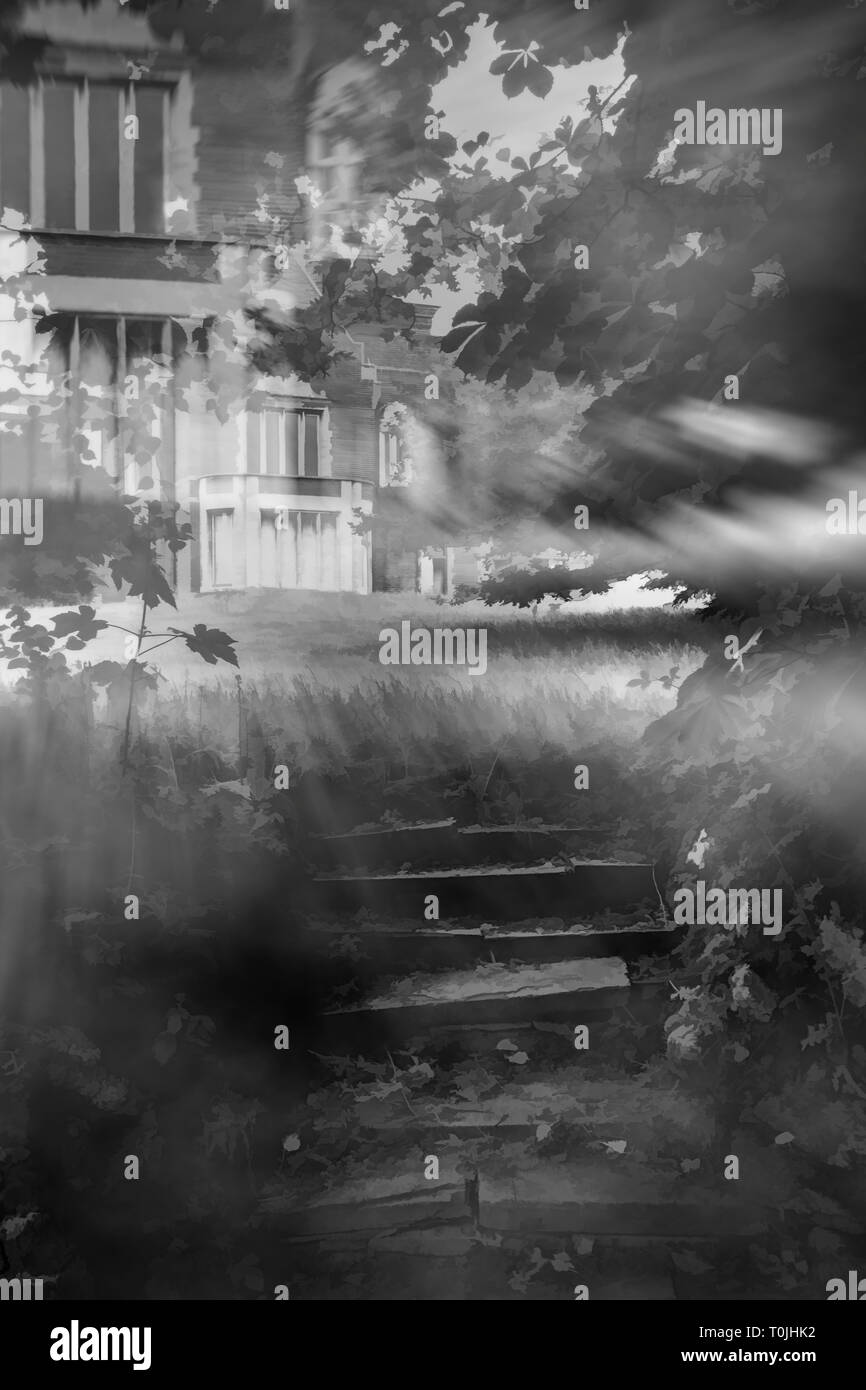 Digital illustration of broken down stone steps leading through trees and bushes to a spooky empty mansion illuminated by moonlight at night Stock Photo