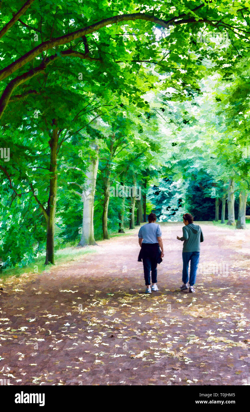 Digital illustration of two women walking and chatting on a woodland path in an avenue of green trees Stock Photo