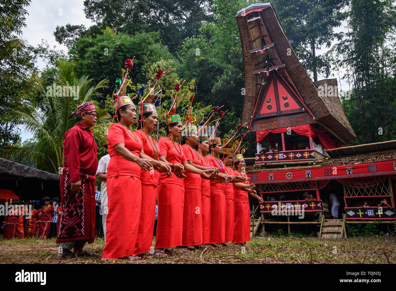 March 15, 2019 - Tana Toraja, South Sulawesi, Indonesia - Residents wearing traditional clothes are seen performing rituals during the event in Tana Toraja District, South Sulawesi.Rambu Solo is a funeral procession for the Tana Toraja community to honour their ancestors. The procession consists of several event arrangements and lasts for several days. (Credit Image: © Hariandi Hafid/SOPA Images via ZUMA Wire) Stock Photo