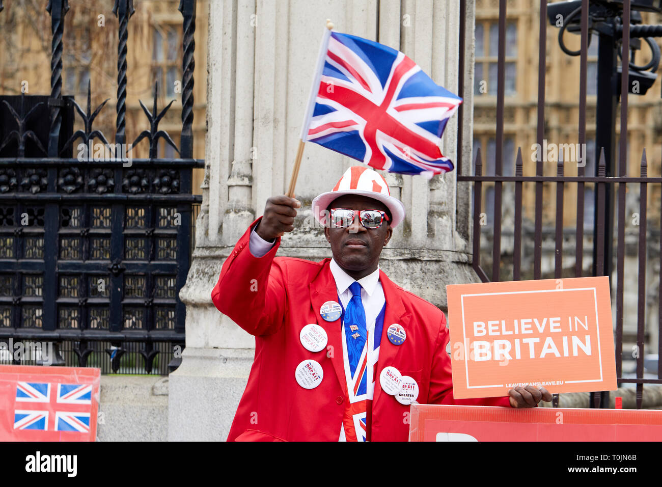 London, UK. - March 20, 2019: A Leave supporter campaigning outside Parliament. Credit: Kevin J. Frost/Alamy Live News Stock Photo