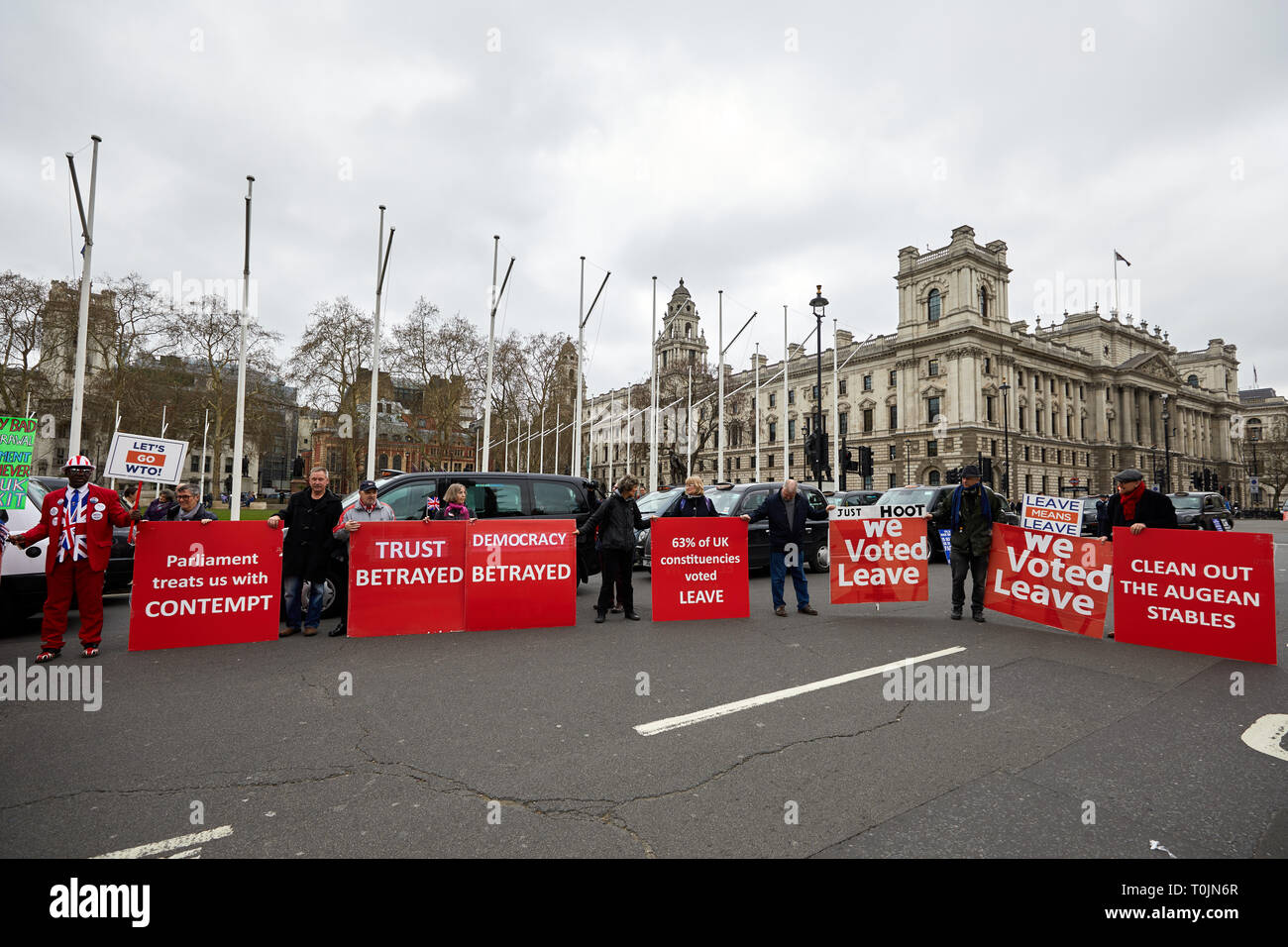 London, UK. - March 20, 2019: Leave supporters outside Parliament take advantage of a closure in the road to extend their campaigning. Credit: Kevin J. Frost/Alamy Live News Stock Photo