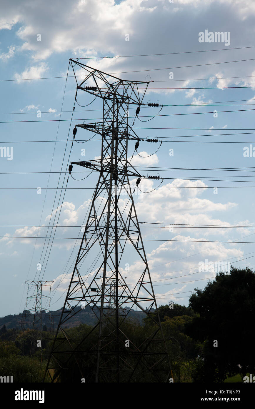 Johannesburg, South Africa, 20 March, 2019. Powerlines in Emmarentia, Johannesburg. South Africa is experiencing an electricity crisis and is presently load shedding 24/7 on a rotational basis. State-run electricity company Eskom doesn't have enough power to keep the nation's lights on. At present, no other solution has been announced. Credit: Eva-Lotta Jansson/Alamy News Stock Photo