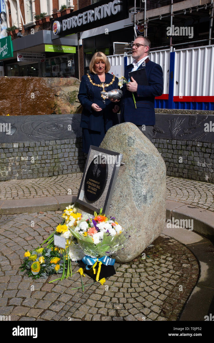 Warrington, Cheshire, UK. 20th Mar, 2019. 20 March 2019 at 12:27 - The 26th anniversary of the second IRA bomb in Warrington, Cheshire, which took the lives of Tim Parry and Jonathan Ball. 26 years on and a service was held in Bridge Street, Warrington, at the place and time of the killings. Water was then collected from the ‘River of Life', a memorial to the two young boys that were killed, and moved to the ‘Peace Centre' where it was poured on the roots of the Peace Tree Credit: John Hopkins/Alamy Live News Stock Photo