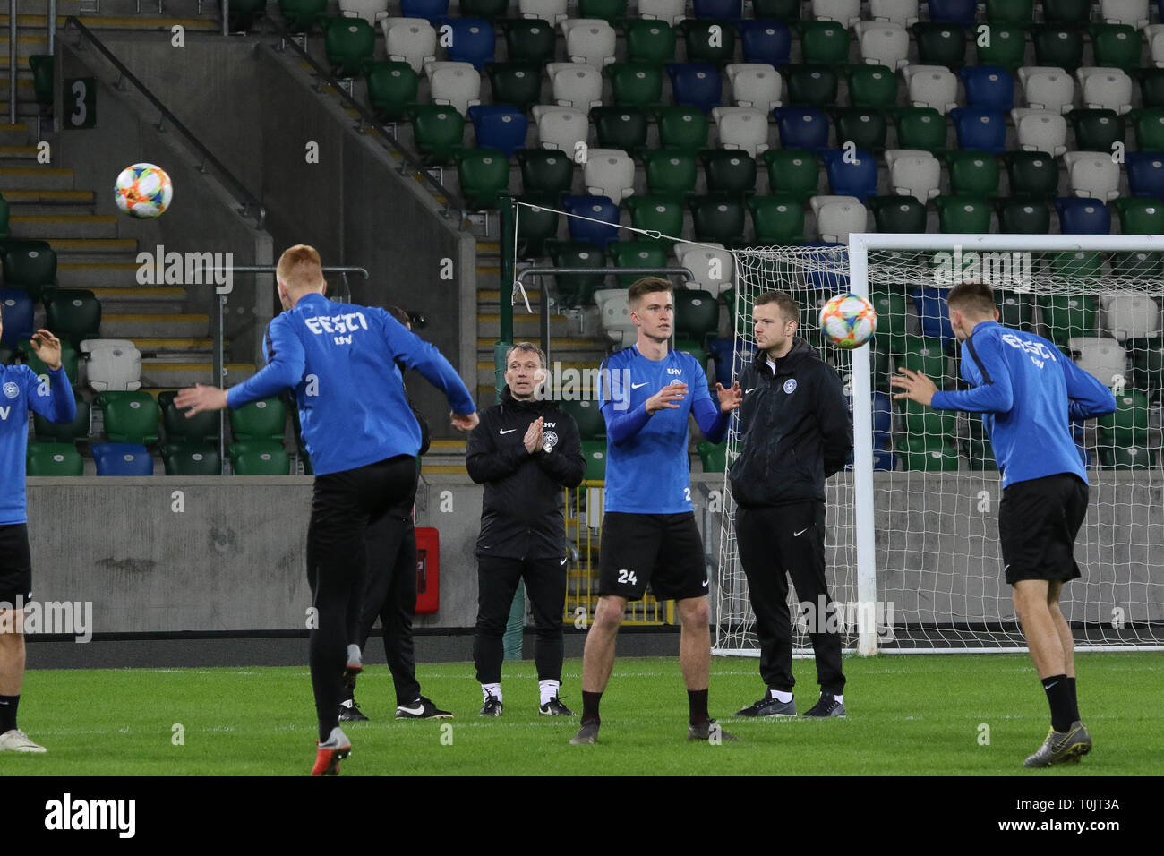 Windsor Park Belfast, Northern Ireland, UK. 20 March 2019. The Estonia squad train at Windsor Park before their opening game against Northern Ireland tomorrow night. Estonia head coach Martin Reim at the session. Credit: David Hunter/Alamy Live News. Stock Photo