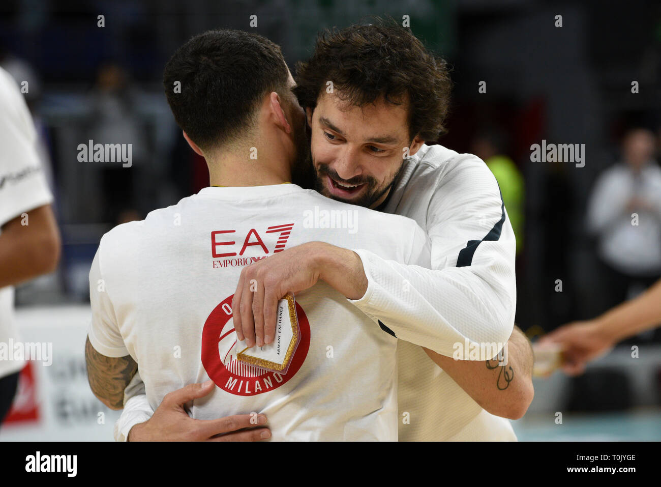 Sergio Llull (right), #23 of Real Madrid and Mike James, #2 of AX Armani are seen during the 2018/2019 Turkish Airlines EuroLeague Regular Season Round 27 game between Real Madrid and AX Armani Exchange Olimpia Milan at WiZink center in Madrid. Final Score: Real Madrid 92 - 89 AX Armani Exchange Olimpia Milan. Stock Photo