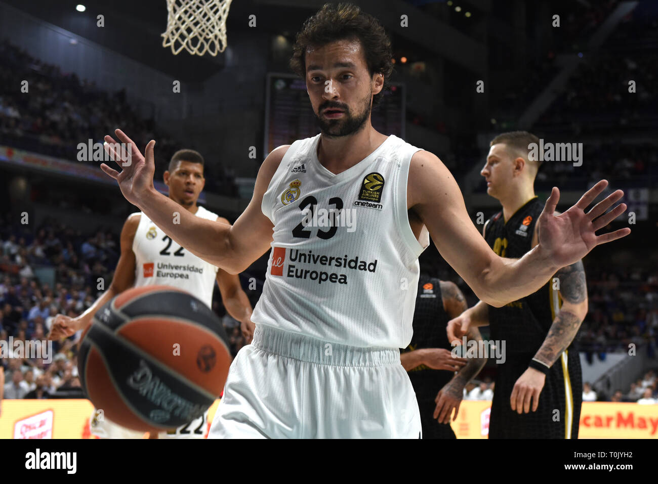 Sergio Llull, #23 of Real Madrid is seen gesturing during the 2018/2019 Turkish Airlines EuroLeague Regular Season Round 27 game between Real Madrid and AX Armani Exchange Olimpia Milan at WiZink center in Madrid. Final Score: Real Madrid 92 - 89 AX Armani Exchange Olimpia Milan. Stock Photo