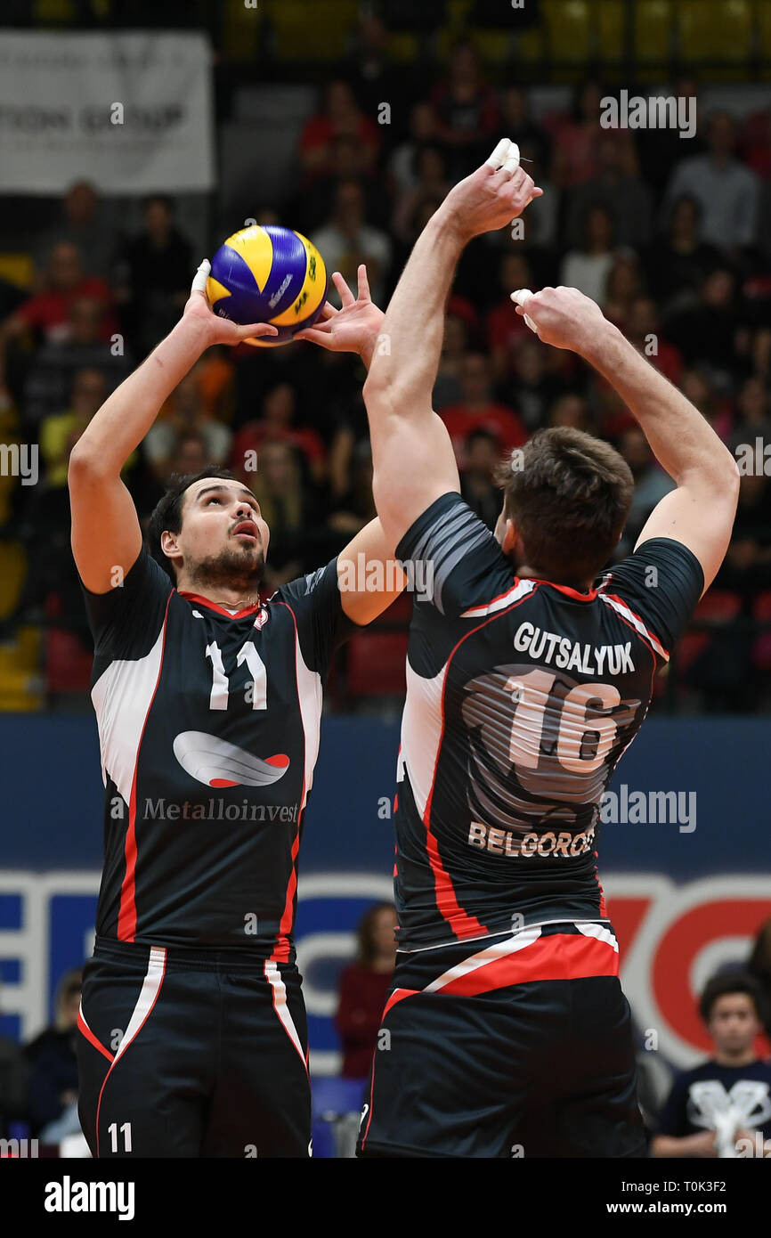 Candy Arena, Monza, Italy. 20th March, 2019. CEV Volleyball Challenge Cup men, Final, 1st leg. Roman Poroshin of Belogorie Belgorod during the match between Vero Volley Monza and Belogorie Belgorod at the Candy Arena Italy.  Credit: Claudio Grassi/Alamy Live News Stock Photo