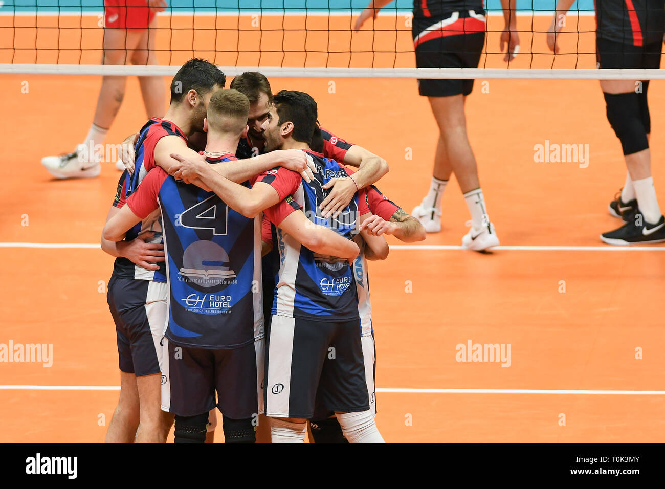 Candy Arena, Monza, Italy. 20th March, 2019. CEV Volleyball Challenge Cup  men, Final, 1st leg. Team Vero Volley Monza exultation during the match  between Vero Volley Monza and Belogorie Belgorod at the