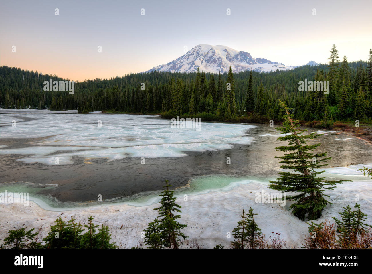 Frozen Reflection Lake and  Mount Rainier at Mount Rainier National Park, Washington State, USA Stock Photo