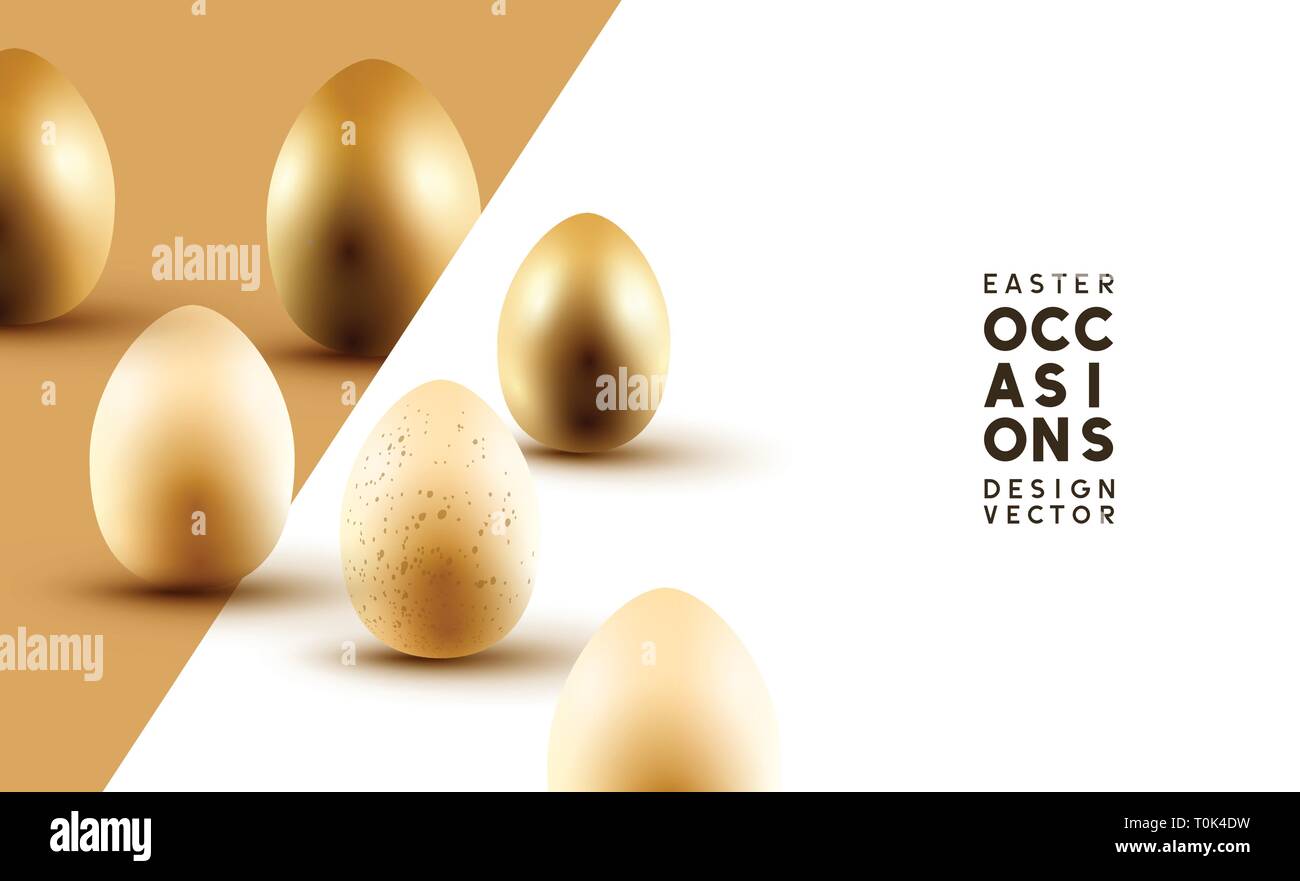 Happy Easter composition with gold and cream Easter eggs. Vector illustration. Stock Vector