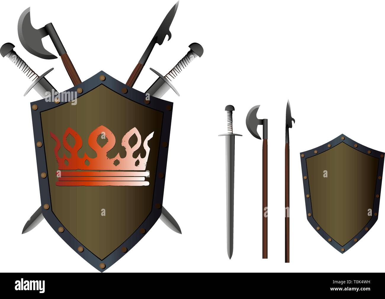 Crossed edged weapons swords and axes behind a shield with a painted crown Stock Vector