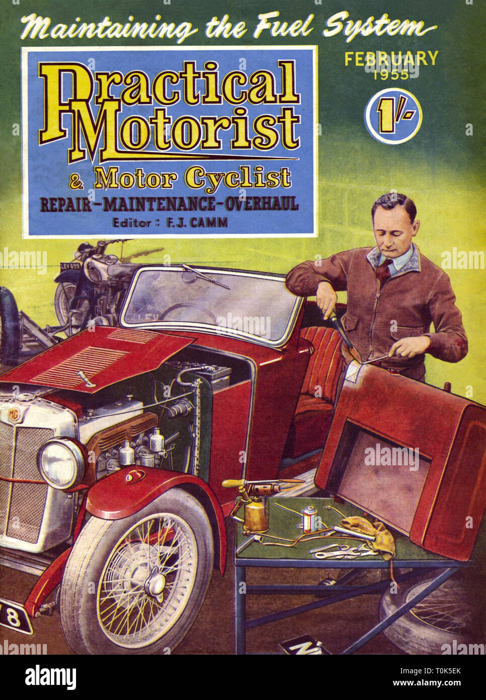 press / media, magazines, automobile magazine Practical Motorist & Motor Cyclist, monthly for drivers, cover, man is reparing a car tank, scratching rust away, car brand MG, Great Britain, February 1955, Additional-Rights-Clearance-Info-Not-Available Stock Photo