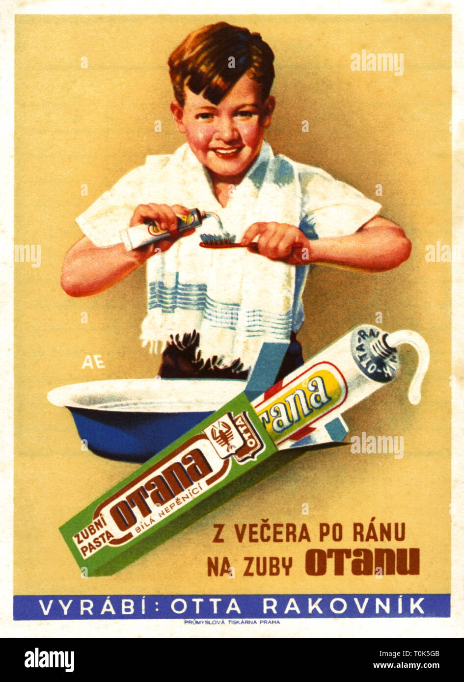 advertising, cosmetics, boy cleaning his tooth with Otana toothpaste, Czechoslovakia, circa 1938, Additional-Rights-Clearance-Info-Not-Available Stock Photo