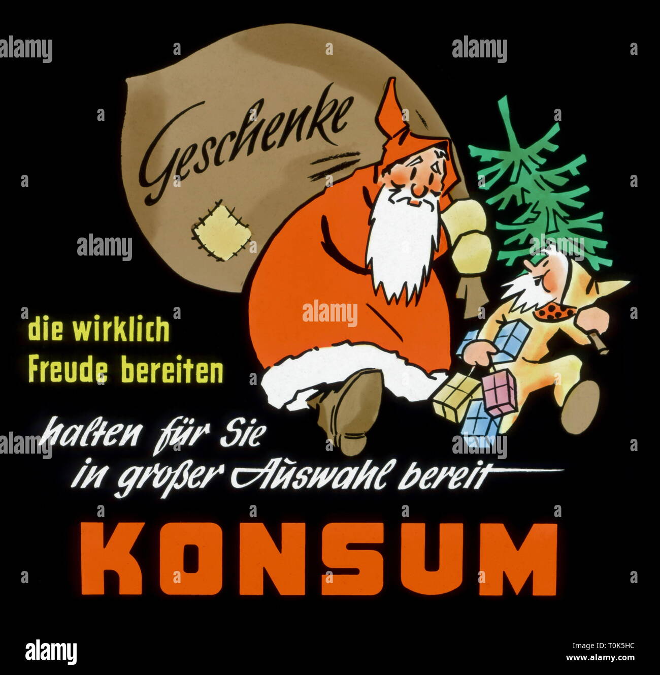 Christmas, Father Christmas bringing presents, advertising for shopping at cooperative store, cinema advertising, East-Germany, circa 1957, Additional-Rights-Clearance-Info-Not-Available Stock Photo