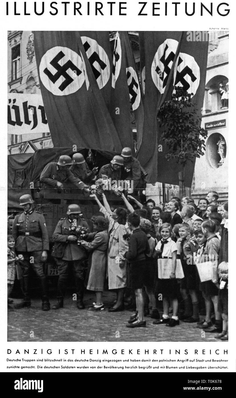 Second World War / WWII, Poland, 1939, connection of Gdansk to the German Reich, 1.9.1939, soldiers of the German Wehrmacht are welcomed by the populace, newspaper cutting, Illustrierte Zeitung, September 1939, Additional-Rights-Clearance-Info-Not-Available Stock Photo