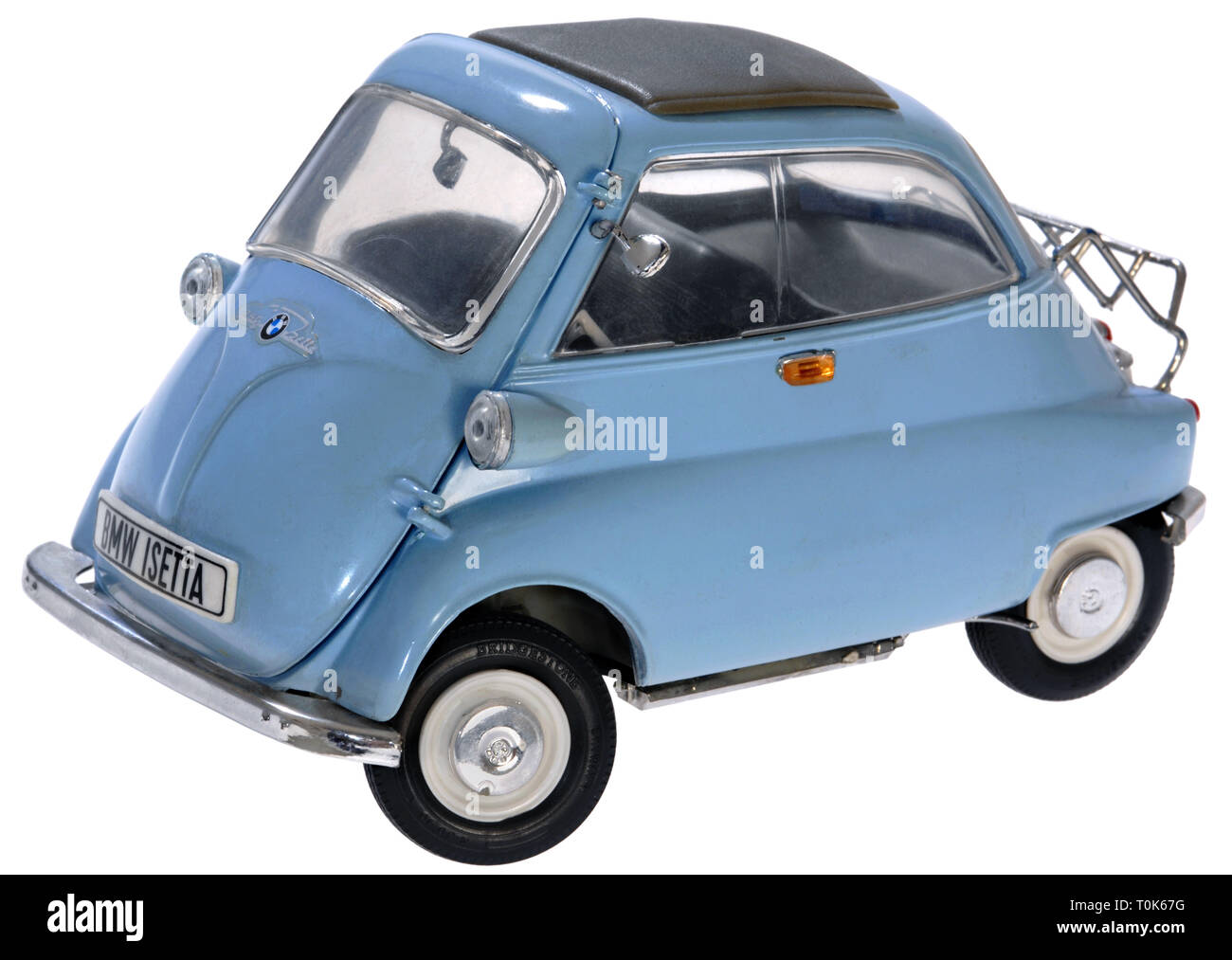 transport / transportation, car, vehicle variants, BMW, BMW Isetta, version 250, Motocoup, car was produced from 1955 until 1962, only one door, twoseater, motorcycle engine, 250 cubic centimetre, 12 horsepower, mono cylinder four-stroke engine, maximum speed: 85 kmph, turning circle: circa 8m, fuel consumption: 3.8l / 100 km, length: 2.285m, width: 1.38m, folding roof, original price 1955: DM 2550, sheet steel car body, light-blue, empty weight: 350 kilogram, Germany, 1955, Additional-Rights-Clearance-Info-Not-Available Stock Photo