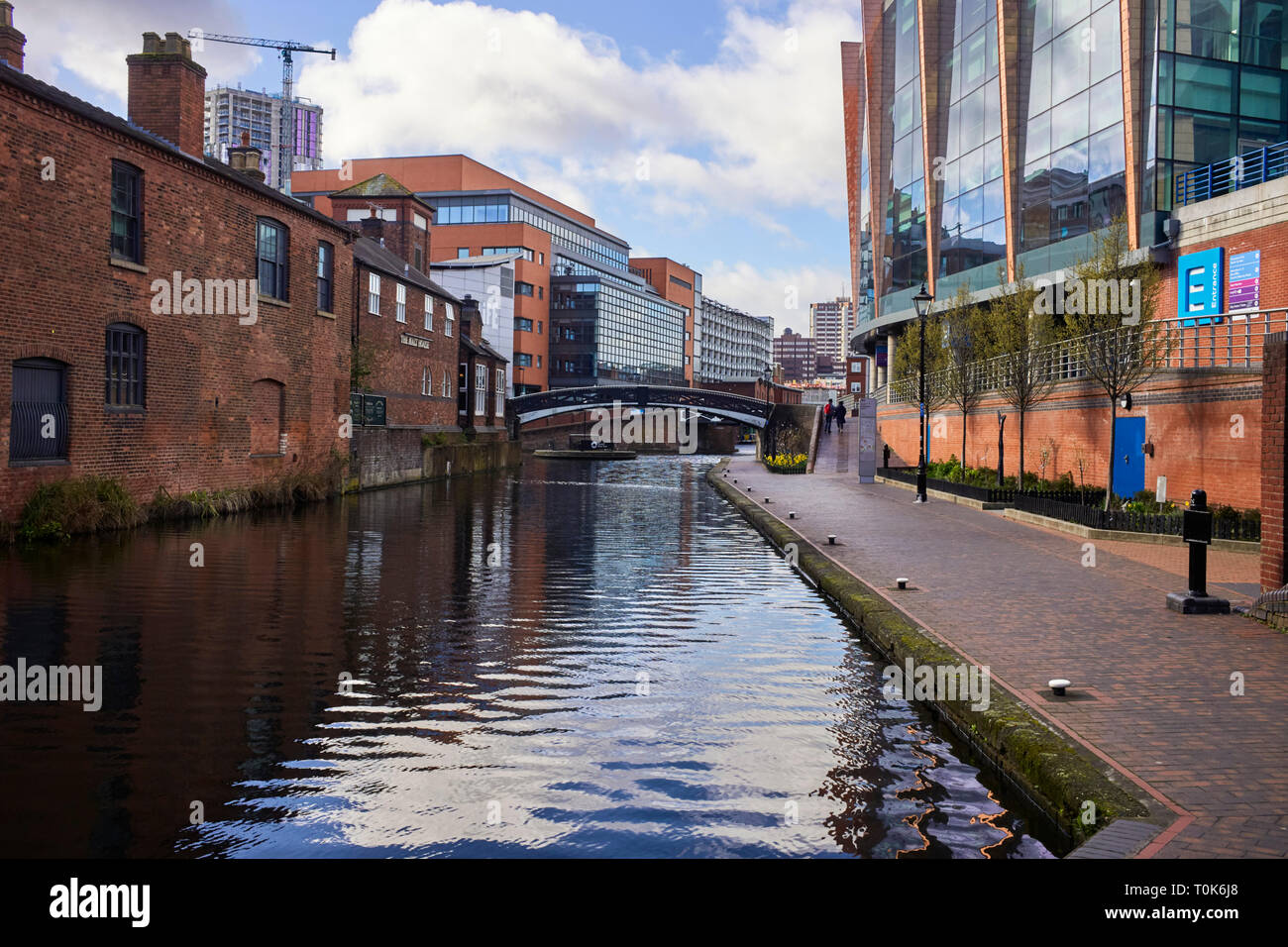 View toward Tyndall Bridge and the junction into Gas Street basin in Central Birminham canal network Stock Photo