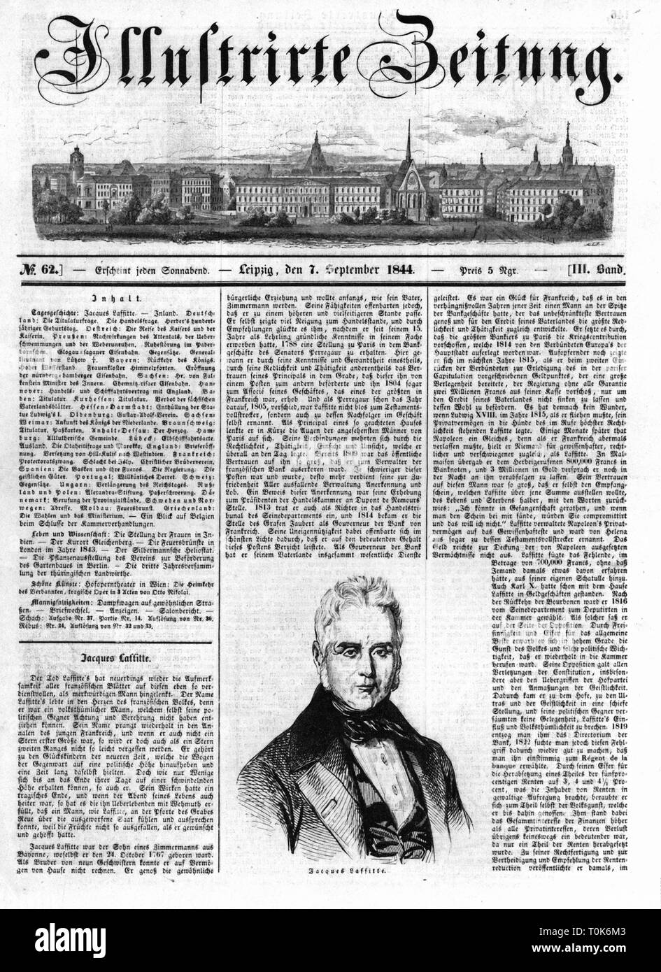 press / media, magazines / journals, 'Illustrirte Zeitung', no. 62, Leipzig, 7.9.1844, title, portrait of Jacques Lafitte, wood engraving,  journal, Germany, Saxony, 19th century, historic, historical, Additional-Rights-Clearance-Info-Not-Available Stock Photo