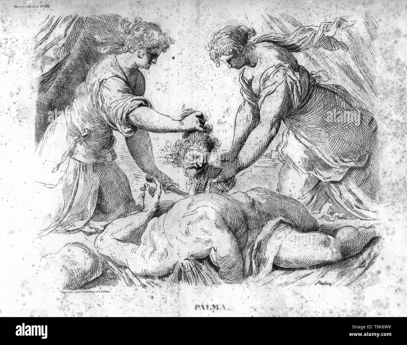 religion, biblical scenes, Judith beheading Holofernes, etching by Jacopo Palma il Giovane (circa 1548 - 1628), Judaism, Old Testament, Book of Judith, Bible, woman, women, killing, bully, tyrant, tyrannicide, head, servant, maid, fine arts, historic, historical, scene, Additional-Rights-Clearance-Info-Not-Available Stock Photo