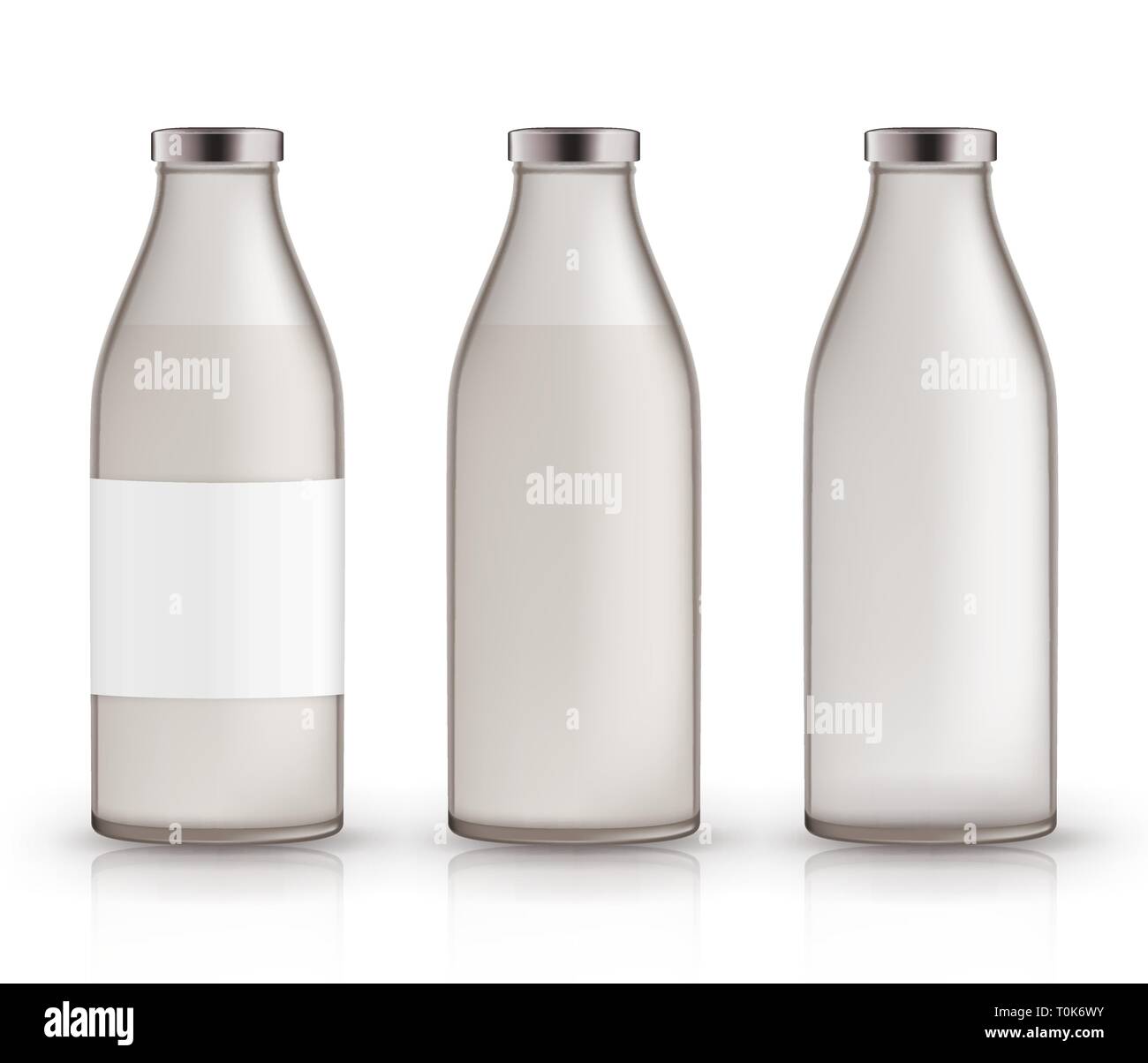 Empty, full, closed milk jars. Realistic glass bottles with liquid, label. Stock Vector