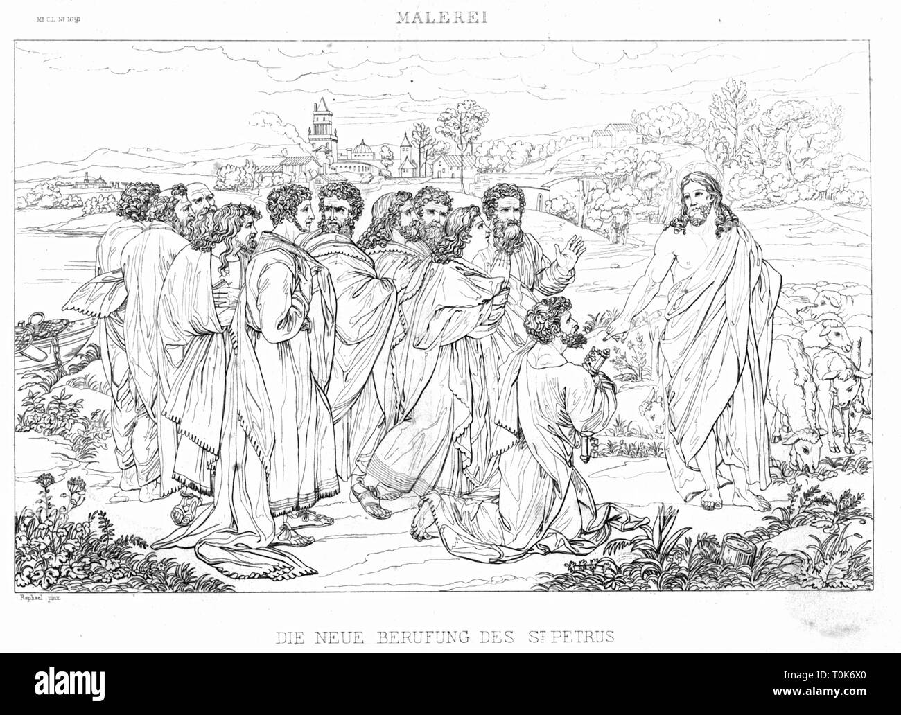 religion, biblical scenes, "The Second Calling of Saint Peter", steel engraving, 19th century, after a painting by Raffaello Sanzio (Raphael), historic, historical, Christianity, New Testament, Bible, scene, apostle, Jesus Christ, saint, saints, resurrected, key, keys, kneeling, mission, Additional-Rights-Clearance-Info-Not-Available Stock Photo