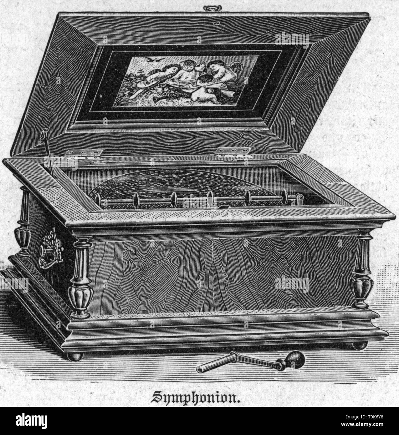 music, musical boxes, Symphonion, Lochmann'sche Musikwerke AG, Leipzig-Gohlis, wood engraving after drawing by Strassberger, 1892, Additional-Rights-Clearance-Info-Not-Available Stock Photo