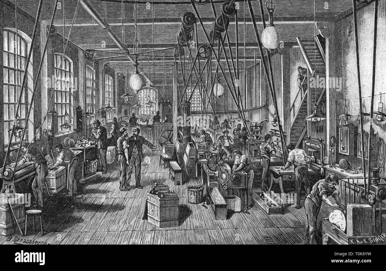 industry, muscial instruments, factory, Lochmann'sche Musikwerke AG, Leipzig-Gohlis, interior view, locksmithery and machine room, sample room, wood engraving after drawing by Strassberger, 1892, Additional-Rights-Clearance-Info-Not-Available Stock Photo