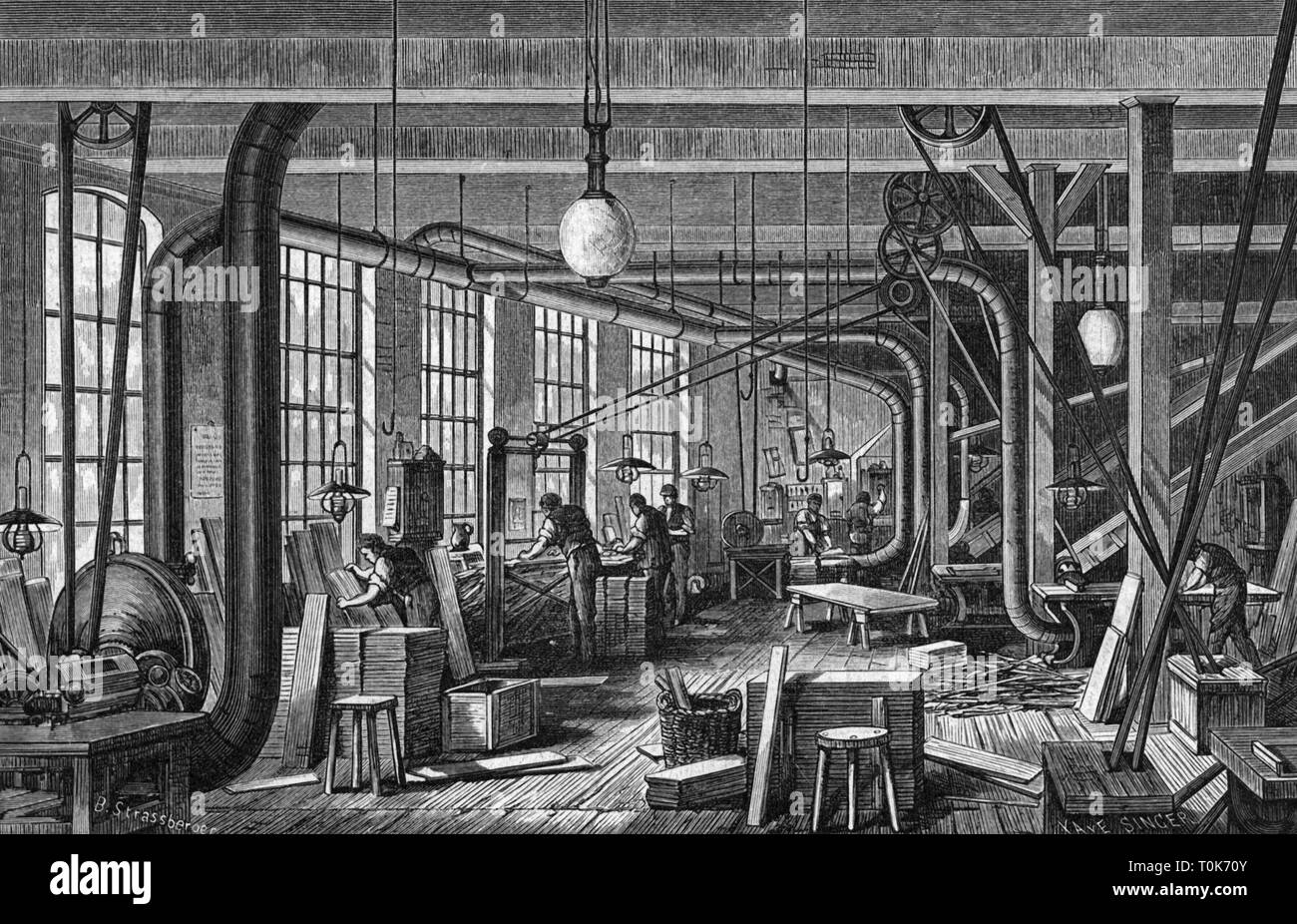 industry, muscial instruments, factory, Lochmann'sche Musikwerke AG, Leipzig-Gohlis, interior view, carpentry, machine room, wood engraving after drawing by Strassberger, 1892, Additional-Rights-Clearance-Info-Not-Available Stock Photo