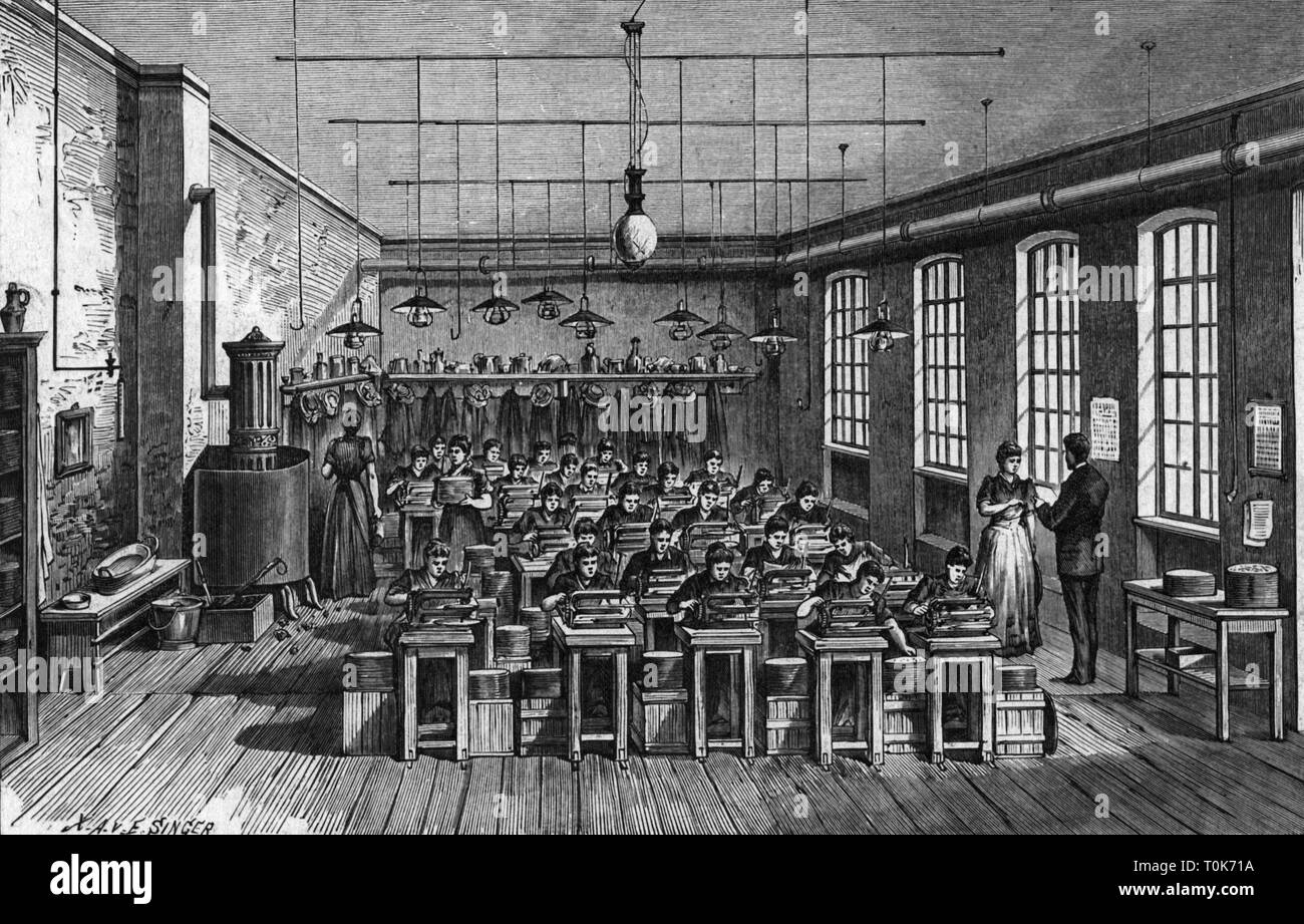industry, muscial instruments, factory, Lochmann'sche Musikwerke AG, Leipzig-Gohlis, interior view, cutting of the punched cards, wood engraving after drawing by Strassberger, 1892, Additional-Rights-Clearance-Info-Not-Available Stock Photo