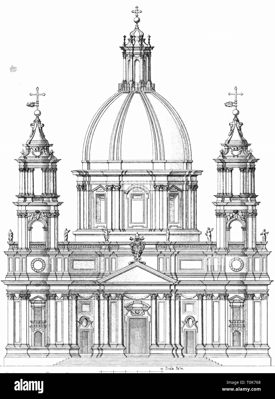 geography / travel, Italy, Rome, churches, Sant'Agnese in Agone, built: 1652 - 1657, architect: Francesco Borromini, illustration from 'Denkmaeler der Kunst' (Monuments of Art), by Wilhelm Luebke and Carl von Luetzow, 3rd edition, Stuttgart 1879, volume 2, steel engraving by H. Gugeler, after drawing by Wilhelm Riefstahl, chapter on architecture, plate XLIX, Southern Europe, churches, architecture, 17th century, church, baroque, sacred, religious, building, buildings, historic, historical, Denkmaler, Denkmäler, Lübke, Lubke, Lützow, Lutzow, Additional-Rights-Clearance-Info-Not-Available Stock Photo