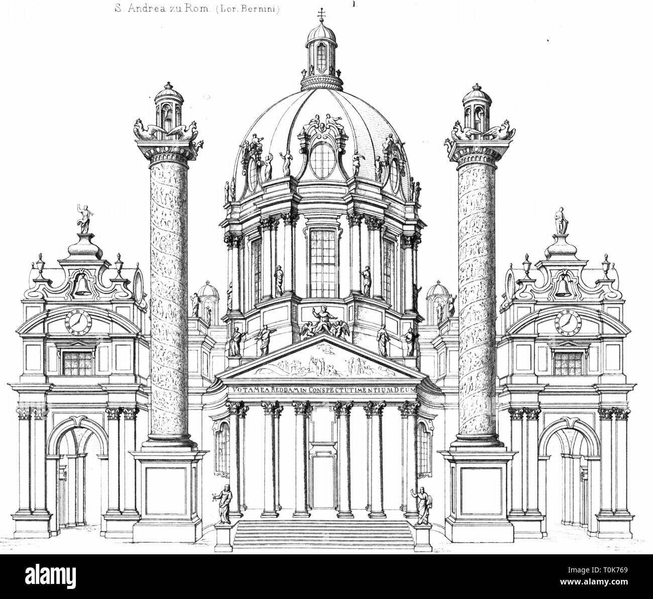 geography / travel, Austria, Vienna, churches, St. Charles's Church (Karlskirche), built: 1716 - 1737, architect: Johann Bernhard Fischer von Erlach, illustration from 'Denkmaeler der Kunst' (Monuments of Art), by Wilhelm Luebke and Carl von Luetzow, 3rd edition, Stuttgart 1879, volume 2, steel engraving by H. Gugeler, after drawing by Wilhelm Riefstahl, chapter on architecture, plate XLIX, Central Europe, churches, architecture, 17th century, church, baroque, sacred, religious, building, buildings, historic, historical, Denkmaler, Denkmäler, Lüb, Additional-Rights-Clearance-Info-Not-Available Stock Photo