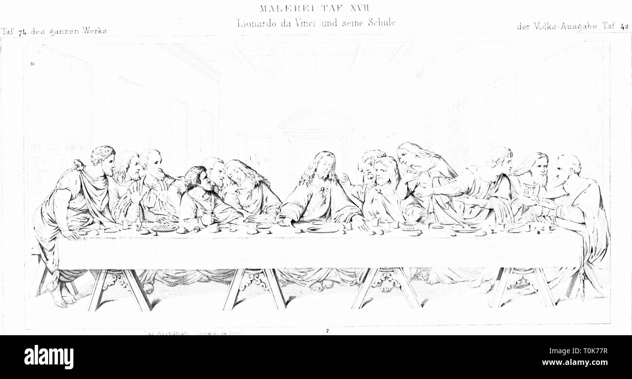 religion, Christianity, Jesus Christ, 'The Last Supper', steel engraving by Rothbart, after painting by Leonardo da Vinci, illustration from 'Denkmaeler der Kunst' (Monuments of Art), by Wilhelm Luebke and Carl von Luetzow, 3rd edition, Stuttgart 1879, volume 2, chapter on painting, plate XVII, Denkmaler, Denkmäler, Lubke, Lübke, Lutzow, Lützow, historic, historical, meal, table, disciples, Easter, biblical scene, scenes, fine arts, Additional-Rights-Clearance-Info-Not-Available Stock Photo