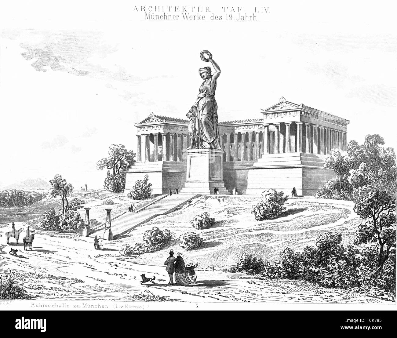 geography / travel, Germany, Bavaria, Munich, buildings, Ruhmeshalle (Hall of Fame), built 1843 - 1853, architect: Leo von Klenze, exterior view, illustration from 'Denkmaeler der Kunst' (Monuments of Art), by Wilhelm Luebke and Carl von Luetzow, 3rd edition, Stuttgart 1879, volume 2, steel engraving by Riegel, chapter on architecture, plate LIV, 19th century, columned hall, columned halls, Therese's Green, Doric, classicism, classical, classic, historic, historical, Denkmaler, Denkmäler, Lubke, Lübke, Lutzow, Lützow, Additional-Rights-Clearance-Info-Not-Available Stock Photo