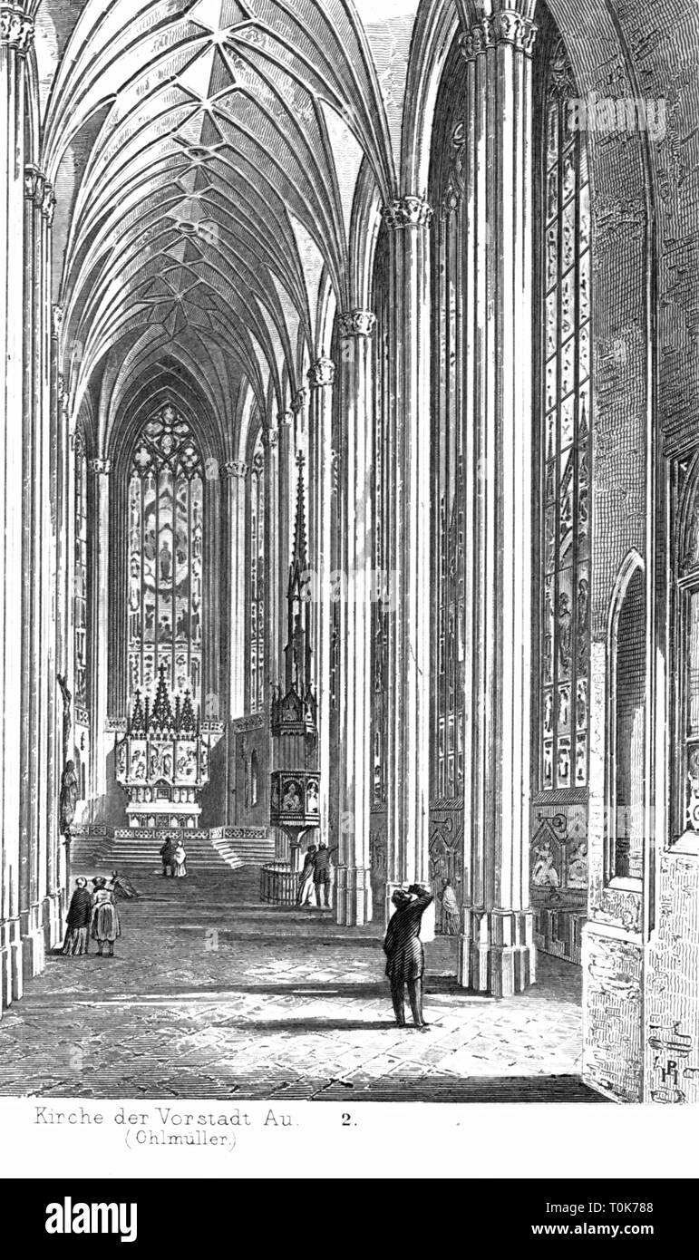 geography / travel, Germany, Bavaria, Munich, churches, Mariahilfkirche, built 1831 - 1839, architect: Joseph Daniel Ohlmueller, interior view, illustration from 'Denkmaeler der Kunst' (Monuments of Art), by Wilhelm Luebke and Carl von Luetzow, 3rd edition, Stuttgart 1879, volume 2, steel engraving by Riegel, chapter on architecture, plate LIV, 19th century, interior, inner, inside, indoor, indoors, pillar, pillars, hall, halls, church, churches, Bavarian, Gothic style, Gothic period, Gothic, neo-Gothic style, neo-Gothic, Gothic Revival, building, Additional-Rights-Clearance-Info-Not-Available Stock Photo