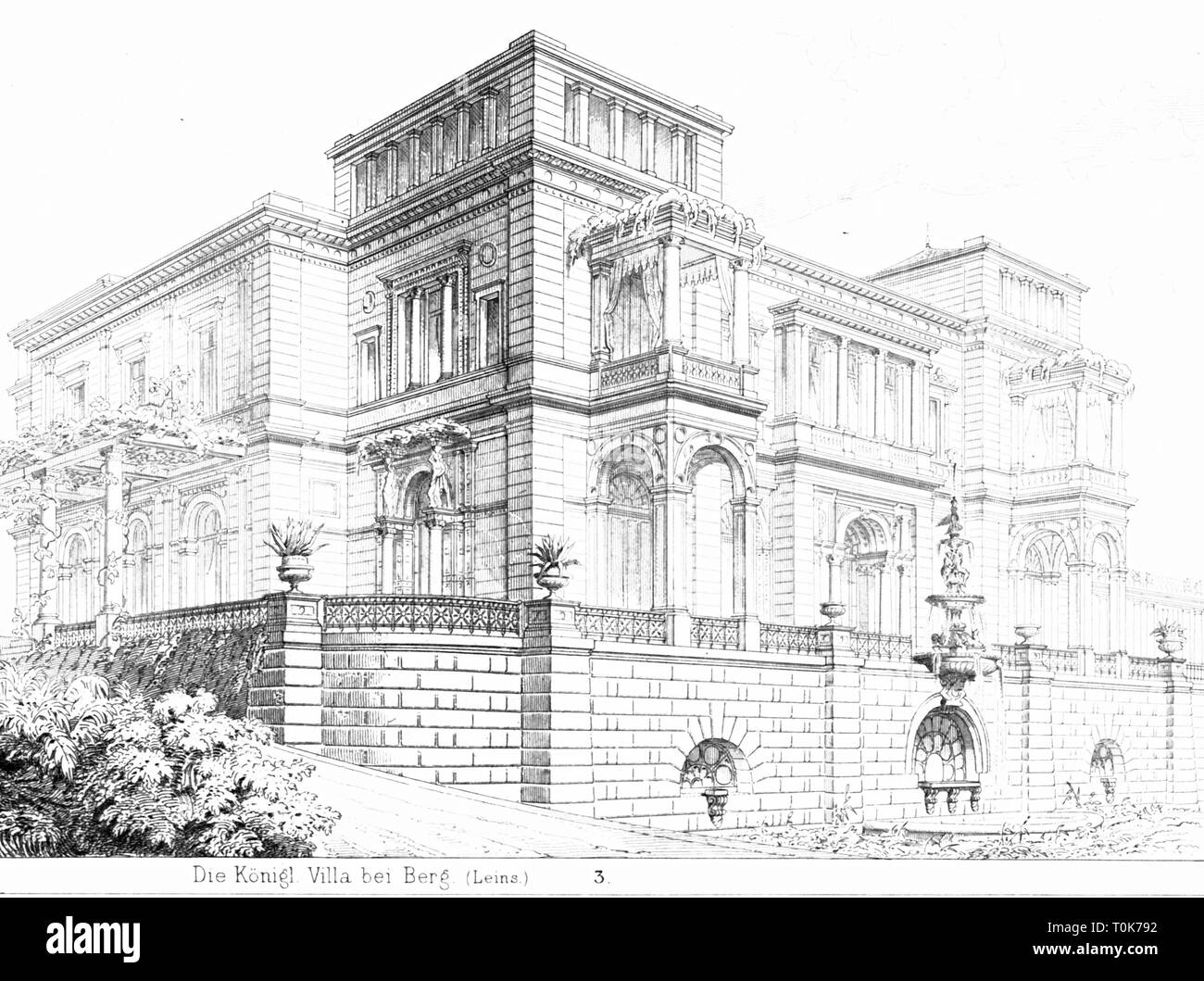 geography / travel,  Germany, Baden-Wuerttemberg, Stuttgart, buildings, Villa Berg, built 1845 - 1853, architect: Christian Friedrich von Leins, exterior view, illustration from 'Denkmaeler der Kunst' (Monuments of Art), by Wilhelm Luebke and Carl von Luetzow, 3rd edition, Stuttgart 1879, volume 2, steel engraving by L. Ritter, after drawing by F. Baldinger, chapter on architecture, plate LV A, historic, historical, Denkmaler, Denkmäler, Lubke, Lübke, Lutzow, Lützow, 19th century, building, Baden-Wuerttemberg, Baden Wuerttemberg, Wuertemberg, Bad, Additional-Rights-Clearance-Info-Not-Available Stock Photo