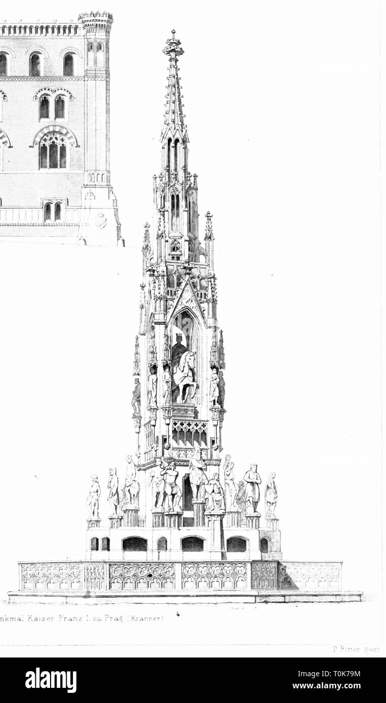 geography/travel, Czech Republic, Prague, monuments, monument for Emperor Francis I, built 1846 - 1848, architect: Josef Andreas Kranner, illustration from 'Denkmaeler der Kunst' (Monuments of Art), by Wilhelm Luebke and Carl von Luetzow, 3rd edition, Stuttgart 1879, volume 2, steel engraving by P. Ritter, chapter on architecture, plate LVI, historic, historical, Denkmaler, Denkmäler, Lubke, Lübke, Lutzow, Lützow, 19th century, Czechia, fountain, fountains, neo-Gothic style, Gothic Revival, Gothic style, Gothic period, Gothic, neo-Gothic, Bohemia, Additional-Rights-Clearance-Info-Not-Available Stock Photo