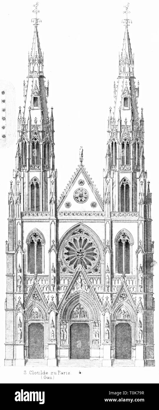 geography / travel, France, Paris, churches, Basilica of St. Clotilde, built 1846 - 1856, architect: Francois-Chretien Gau, exterior view, illustration from 'Denkmaeler der Kunst' (Monuments of Art), by Wilhelm Luebke and Carl von Luetzow, 3rd edition, Stuttgart 1879, volume 2, steel engraving by H. Walther, after drawing by W. Bogler, chapter on architecture, plate LVII, historic, historical, Denkmaler, Denkmäler, Lubke, Lübke, Lutzow, Lützow, 19th century, Francois Chretien, church, parish church, parish churches, sacred building, sacred buildi, Additional-Rights-Clearance-Info-Not-Available Stock Photo