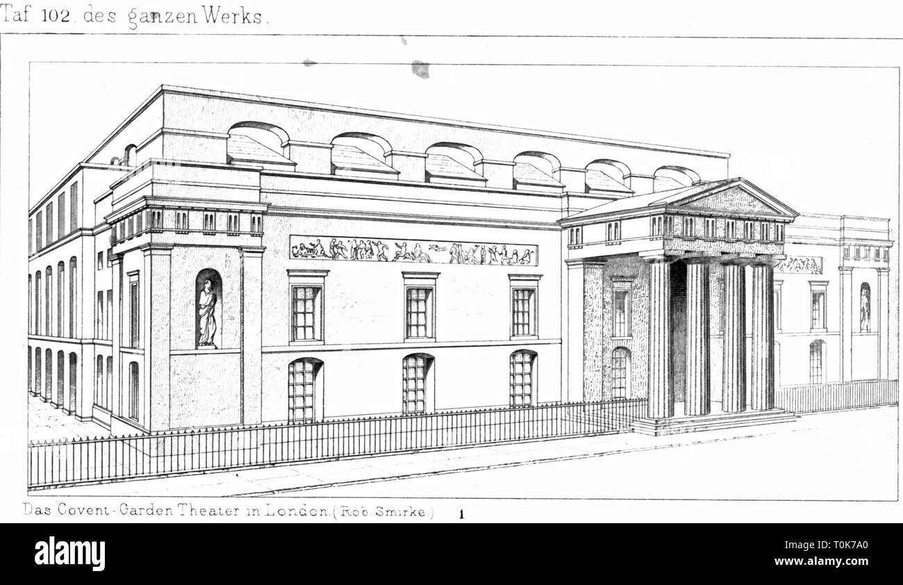 geography / travel, Great Britain, London, theatre / theater, Royal Opera House (Covent Garden Theatre), built 1808/1809 (destroyed by fire in 1857), architect: Robert Smirke, exterior view, illustration from 'Denkmaeler der Kunst' (Monuments of Art), by Wilhelm Luebke and Carl von Luetzow, 3rd edition, Stuttgart 1879, volume 2, steel engraving by H. Gugeler, after drawing by Wilhelm Riefstahl, chapter on architecture, plate LI, England, architecture, theatres, theater, 17th century, building, buildings, historic, historical, Denkmaler, Denkmäler, Additional-Rights-Clearance-Info-Not-Available Stock Photo