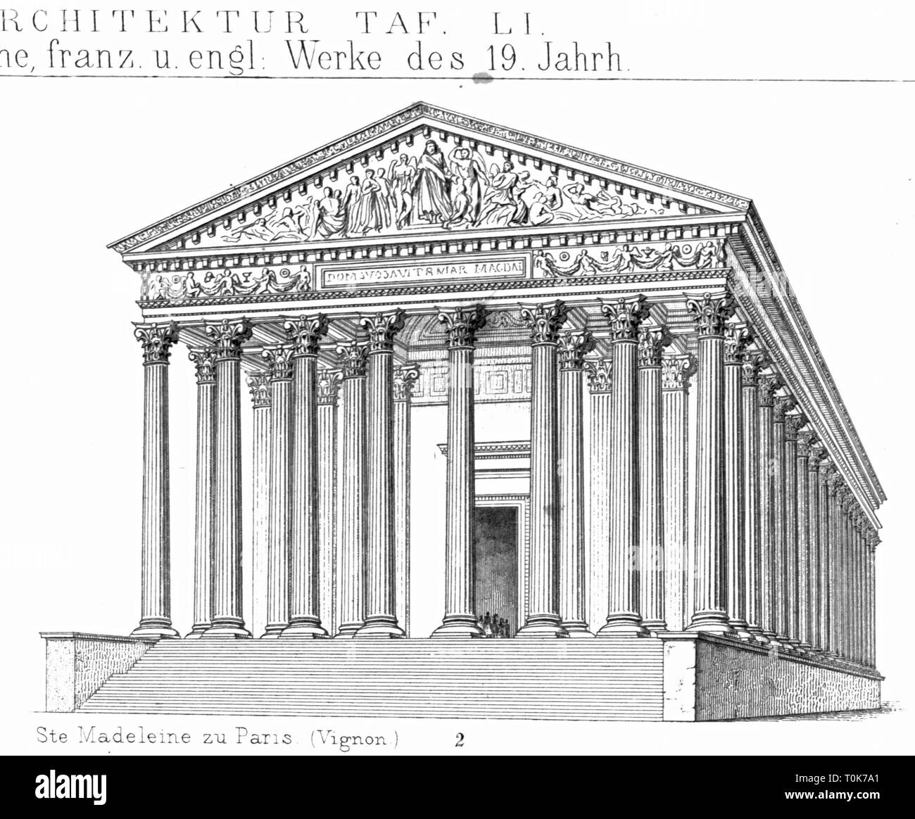 geography / travel, France, Paris, churches, Madeleine Church (Eglise de la Madelaine), built 1763 - 1842, exterior view, illustration from 'Denkmaeler der Kunst' (Monuments of Art), by Wilhelm Luebke and Carl von Luetzow, 3rd edition, Stuttgart 1879, volume 2, steel engraving by H. Gugeler, after drawing by Wilhelm Riefstahl, chapter on architecture, plate LI, architecture, buildings, building, architecture, 19th century, historic, historical, Denkmaler, Denkmäler, Lübke, Lubke, Lützow, Lutzow, Additional-Rights-Clearance-Info-Not-Available Stock Photo