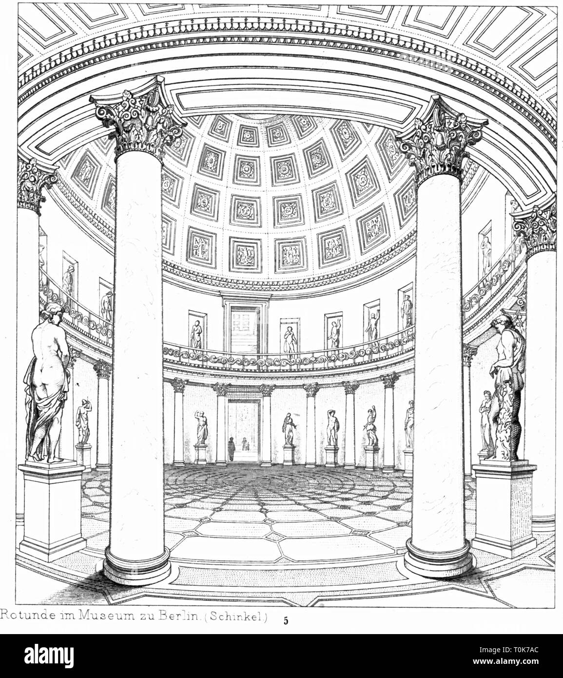 geography / travel, Germany, Berlin, Altes Museum (Old Museum), built 1825 - 1828, architect: Karl Friedrich Schinkel, interior view, rotunda, illustration from 'Denkmaeler der Kunst' (Monuments of Art), by Wilhelm Luebke and Carl von Luetzow, 3rd edition, Stuttgart 1879, volume 2, steel engraving by H. Gugeler, after drawing by Wilhelm Riefstahl, chapter on architecture, plate LI, 19th century, historic, historical, classicism, classical, classic, Museum Island, UNESCO World Cultural Heritage Site, world heritage, world heritage list, world heri, Additional-Rights-Clearance-Info-Not-Available Stock Photo