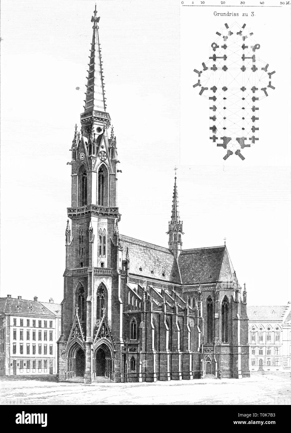 geography / travel, Austria, Vienna, churches, Church St. Othmar unter den Weissgerbern, built 1866 - 1873, architect: Friedrich von Schmidt, exterior view, illustration from 'Denkmaeler der Kunst' (Monuments of Art), by Wilhelm Luebke and Carl von Luetzow, 3rd edition, Stuttgart 1879, volume 2, chapter on architecture, plate LII, steel engraving, Central Europe, 19th century, building, historic, historical, religious, sacred, neo-Gothic, neo-Gothic style, Gothic Revival, Denkmaler, Denkmäler, Lübke, Lubke, Lützow, Lutzow, Weißgerbern, Additional-Rights-Clearance-Info-Not-Available Stock Photo
