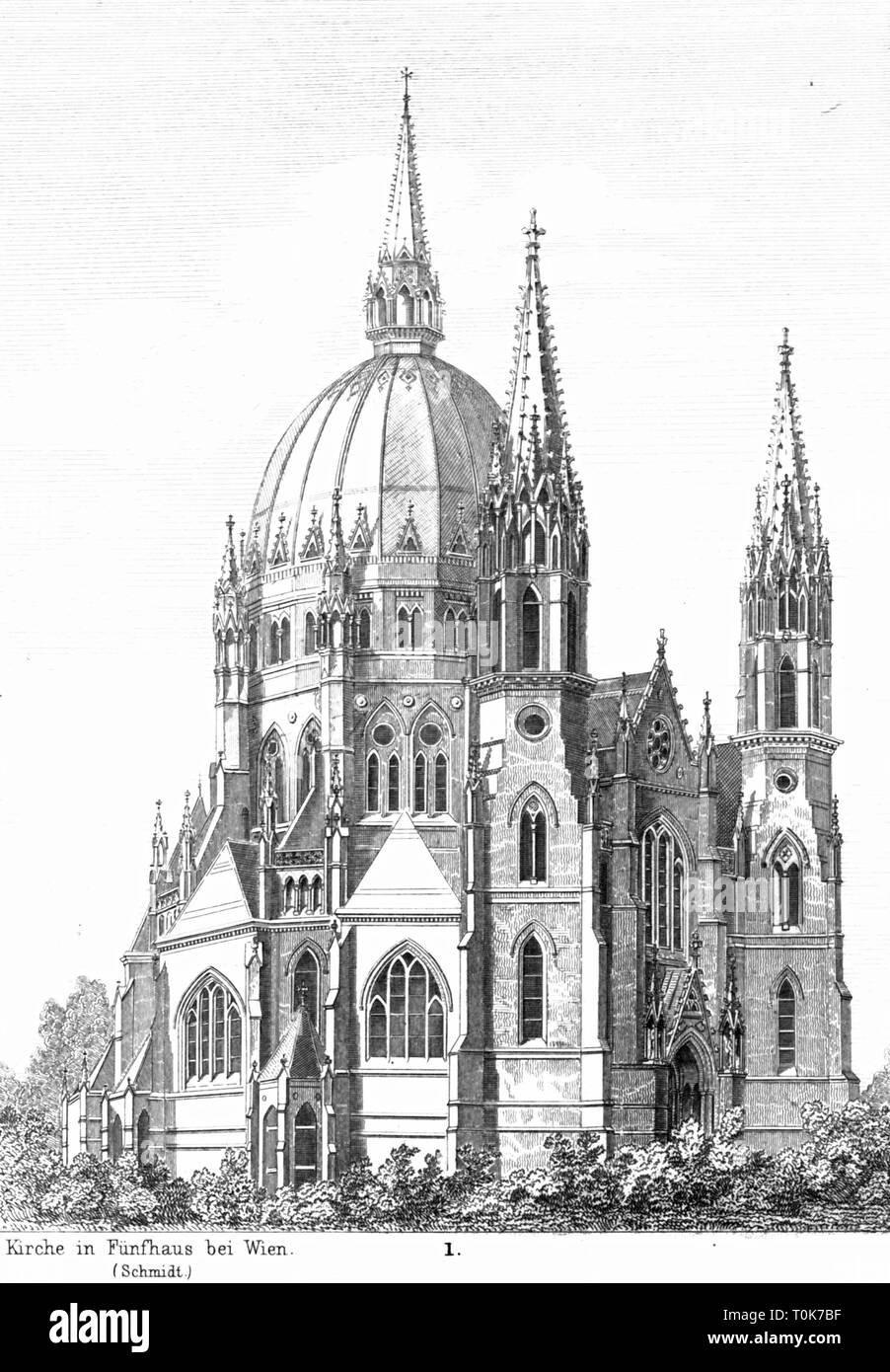 geography / travel, Austria, Vienna, churches, Church Maria vom Siege, built 1868 - 1875, architect: Friedrich von Schmidt, exterior view, illustration from 'Denkmaeler der Kunst' (Monuments of Art), by Wilhelm Luebke and Carl von Luetzow, 3rd edition, Stuttgart 1879, volume 2, chapter on architecture, plate LIX, steel engraving, Central Europe, 19th century, building, buildings, religious, sacred, historic, historical, Denkmaler, Denkmäler, Lübke, Lubke, Lützow, Lutzow, Additional-Rights-Clearance-Info-Not-Available Stock Photo